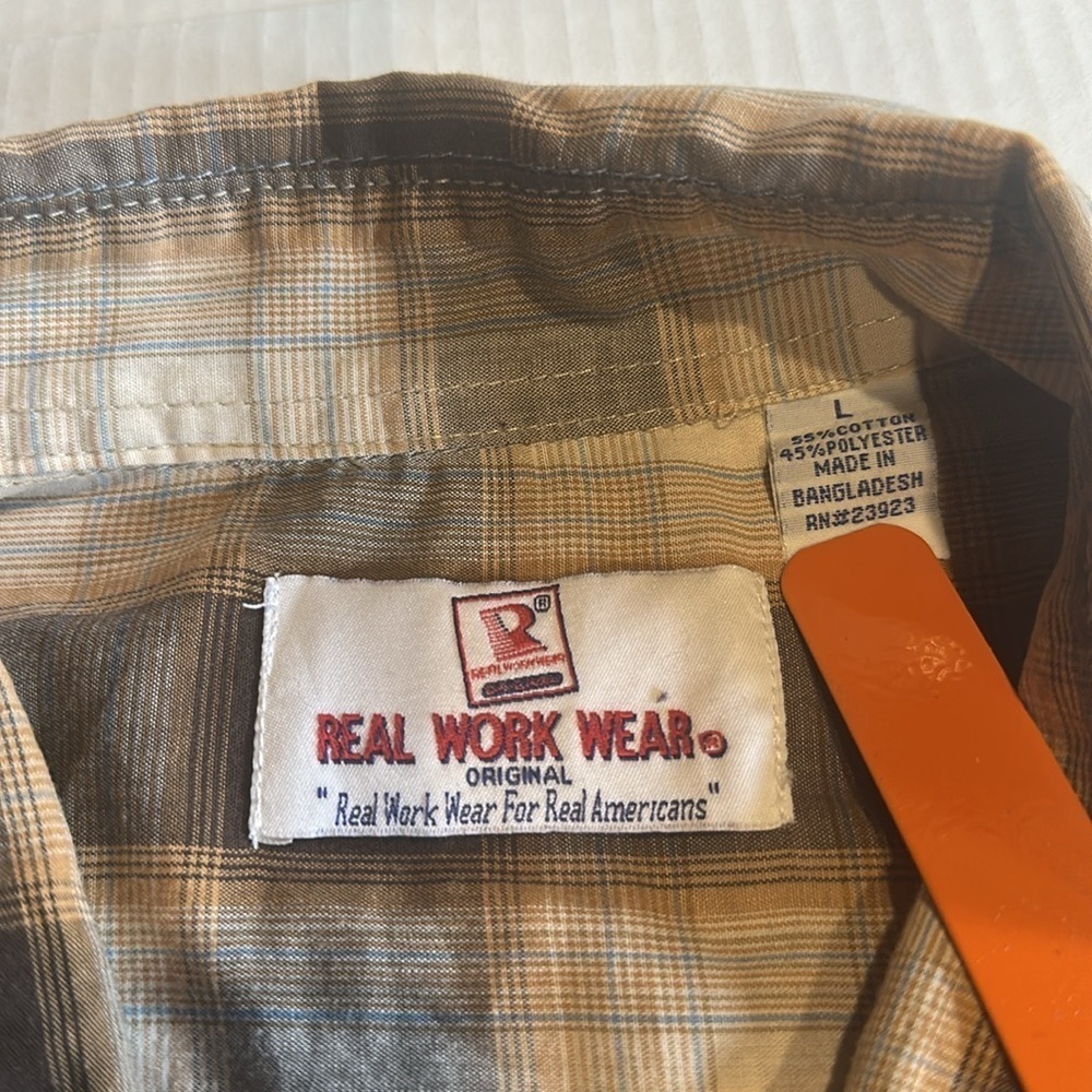 Real Work Wear Plaid Brown light brown blue Men's Shirt pearl snap buttons sz L - Picture 6 of 9